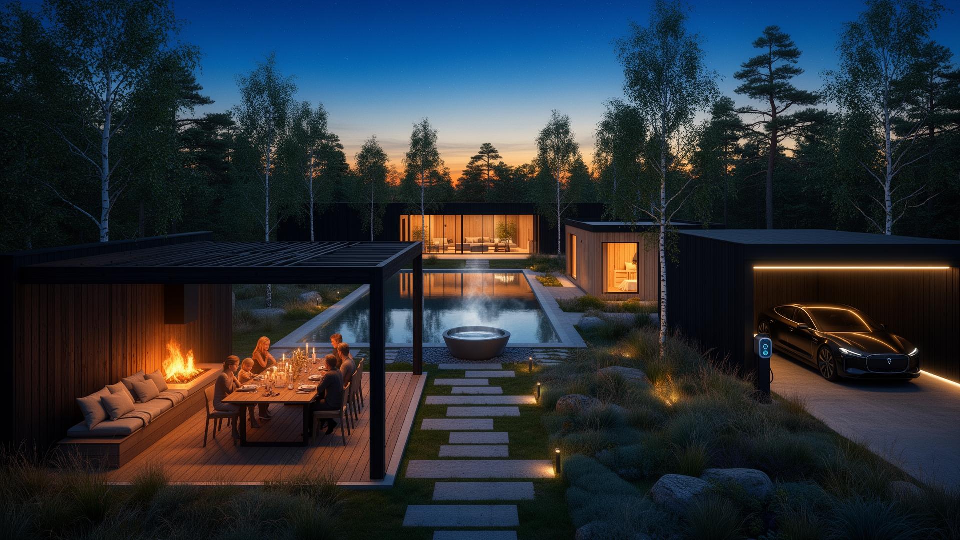 A Scandinavian property at dusk — pergola lounge with fireplace, reflecting pool, lanterns and an architectural carspace